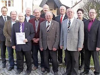 Ehrungen beim Liederkranz Johannisthal (von links vorne): Hans Schnell, Hans Bauer, Ulrich Behringer, 2. Vorsitzender Wolfgang Bechtel; (von links Mitte): Vorsitzender Rudolf Höfner, Erwin Höfner; (von links hinten): 2. Bürgermeister Bernd Rebhan, Marktgemeinderat Dieter Lau, Klaus Guckau, Bernhard Zipfel und Julia Bauer Foto: privat