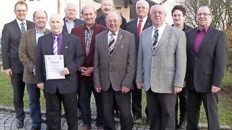 Ehrungen beim Liederkranz Johannisthal (von links vorne): Hans Schnell, Hans Bauer, Ulrich Behringer, 2. Vorsitzender Wolfgang Bechtel; (von links Mitte): Vorsitzender Rudolf Höfner, Erwin Höfner; (von links hinten): 2. Bürgermeister Bernd Rebhan, Marktgemeinderat Dieter Lau, Klaus Guckau, Bernhard Zipfel und Julia Bauer Foto: privat