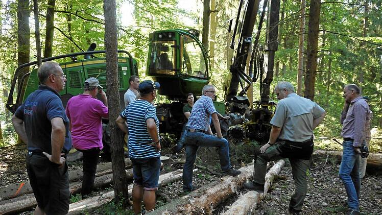 Beratung im Wald (von rechts): Förster Wolfgang Meiners, Jürgen Hahn vom Amt für Landwirtschaft und Forsten, Bürgermeister Günther Pfeifer. Ganz links Jagdpächter Norbert Friedrich