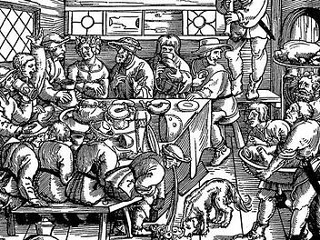 Der Stich (l.) aus dem 16. Jahrhundert zeigt, wie es in einem Wirtshaus zuging. Lokalhistoriker Glas (o.) sprach unter anderem auch über "Zu den sieben Türmen" (r.). Repro: Glas