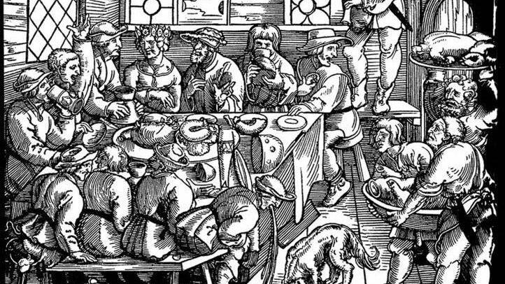 Der Stich (l.) aus dem 16. Jahrhundert zeigt, wie es in einem Wirtshaus zuging. Lokalhistoriker Glas (o.) sprach unter anderem auch über "Zu den sieben Türmen" (r.). Repro: Glas
