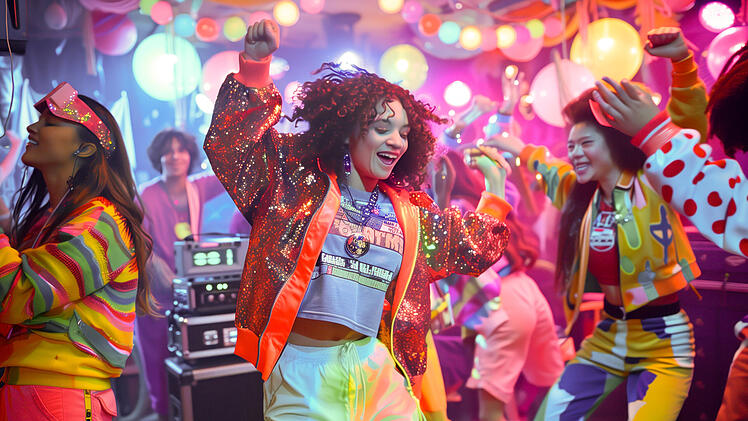 Young people dancing at vibrant 90s-themed party