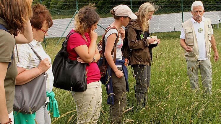 Klaus Mandery (rechts) erläuterte in einer Feuchtwiese das Vorkommen des Wiesenknopfes, vieler Heuschrecken und sogar der Sumpfschfrecke.