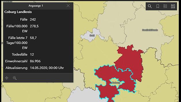Der Covid-19-Monitor des RKI zeigte am Donnerstag die Landkreise Coburg und Sonneberg tiefrot.