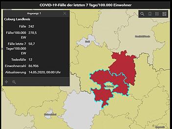 Der Covid-19-Monitor des RKI zeigte am Donnerstag die Landkreise Coburg und Sonneberg tiefrot.