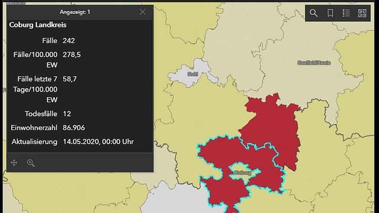 Der Covid-19-Monitor des RKI zeigte am Donnerstag die Landkreise Coburg und Sonneberg tiefrot.