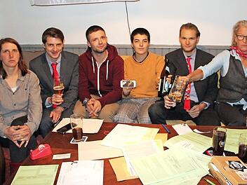 Jetzt wird es ernst: Die Partei will in Münnerstadts Kommunalpolitik mitbestimmen. Die Kandidaten stoßen nach der Nominierungsversammlung erst einmal mit einem Bier an, froh, sich durch den ersten Wahlformular-Dschungel gekämpft zu haben (von links): Die Stadtratskandidaten Johanna Düring, Gabriel Düring, Tim Drignat, Klara Friedel, Adrian Bier und Bürgermeister- und Stadtratskandidatin Sonja Johannes. Stadtratsbewerber Hannes Friedel fehlt auf dem Foto, dafür zeigt Klara Friedel mit Smartpho...