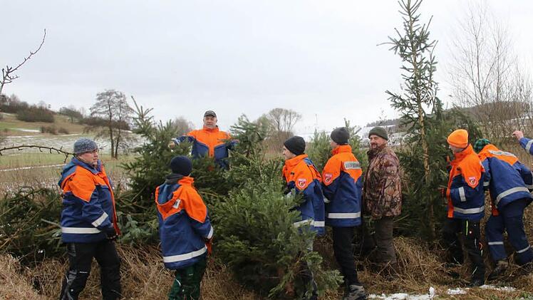 Die Jugendfeuerwehr Itzgrund fährt ihre Bäume nicht auf den Kompostplatz, sondern schließt eine Benjes-Hecke und schafft damit einen Lebensraum für Kleintiere, Vögel, Hasen und Rehe. Jäger und Hegegemeinschaftleiter Uwe Köhler (Fünfter von links) freut sehr über diese Aktion. Foto: Michael Stelzner