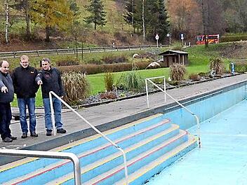 Am Schwimmbad Ludwigsstadt wurden die dringend notwendigen Sanierungsmaßnahmen diskutiert: Bürgermeister Timo Ehrhardt (v. l.), MdL Klaus Adelt, Hermann Feuerpfeil, Dritter Bürgermeister Hubert Bischoff und Bademeister Nicol Schinner waren vor Ort. Foto: K.- H. Hofmann