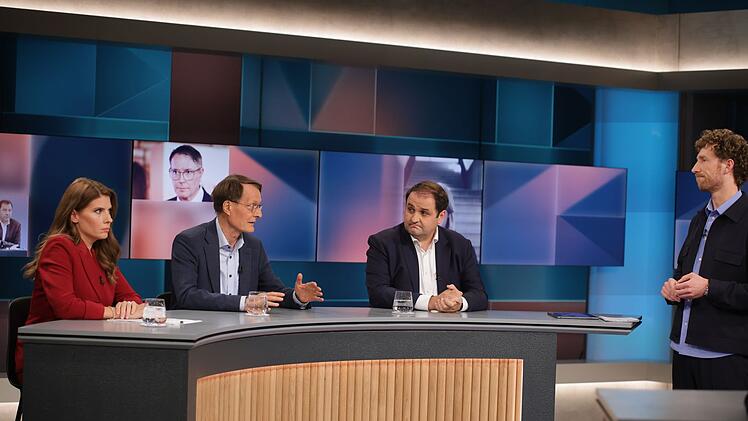 Am Montagabend zu Gast bei Louis Klamroth (rechts): Sarna R&ouml;ser, Karl Lauterbach (Mitte) und Nathanael Liminski.