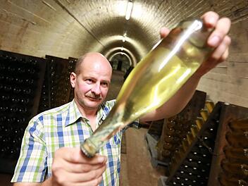 Der Sekt in der Flasche, die Martin Fischer prüft, ist klar. Die Hefepartikel haben sich innen auf dem Verschluss abgesetzt. Damit das passiert, lagert der Winzer seinen Sekt kopfüber in dem Stollen im Ebelsberg. Fotos: Hendrik Steffens