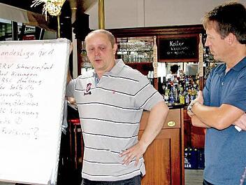 Gegen wen und wann spielen die Haßfurter "Hawks"? So richtig weiß das noch niemand - nicht einmal der Bayerische Eissportverband. Kein Wunder, dass die ESC-Verantwortlichen Martin Reichert (r.) und Andreas Kurz diesbezüglich schlechte Laune haben. Foto: Ralf Naumann