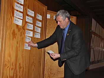 Bürgermeister Jürgen Hennemann (Foto) erarbeitet bei der Bürgerversammlung zusammen mit den Versammlungsteilnehmern mögliche Lösungen, vor allem für das innerstädtische Verkehrskonzept und fixierte die Vorschläge an einer Pinnwand. Foto: Helmut Will