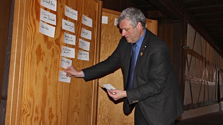 Bürgermeister Jürgen Hennemann (Foto) erarbeitet bei der Bürgerversammlung zusammen mit den Versammlungsteilnehmern mögliche Lösungen, vor allem für das innerstädtische Verkehrskonzept und fixierte die Vorschläge an einer Pinnwand. Foto: Helmut Will
