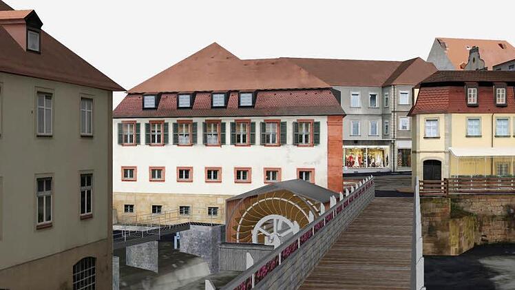 Während des Sommers mit geöffneter Front: So soll sich das neue Mühlrad der Brudermühle am Geyerswörthsteg präsentieren.   Grafik: Stadt Bamberg