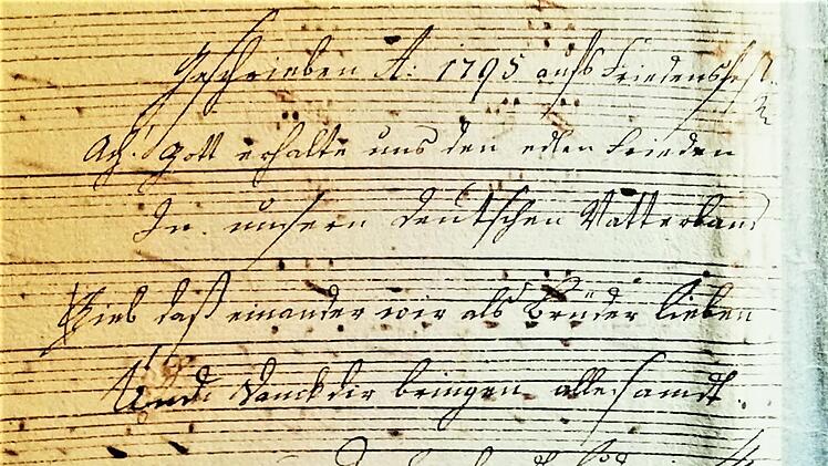 Die handgeschriebene Widmung von Leonhardt Ludwig auf der von ihm komponierten Kantate "Soli Deo Gloria": Geschrieben 1795 aufs Friedensfest.