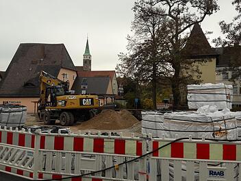 Der Hubmann-Parkplatz ist zu einem großen Teil Baustellenlager: Kein Platz für den Autoscooter.  Foto: Bernhard Panzer