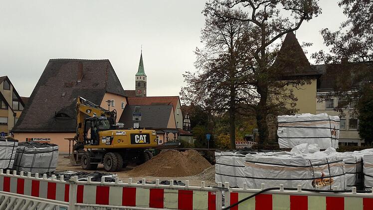 Der Hubmann-Parkplatz ist zu einem großen Teil Baustellenlager: Kein Platz für den Autoscooter.  Foto: Bernhard Panzer