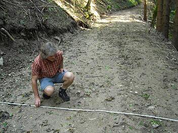 Dieses Wegstück  wurde nach Angaben des Försters mit  13 Lastwagenladungen   Erde neu  aufgebaut und  dabei deutlich  verbreitert.    Rudolf Volke   (im Bild)  hat   nachgemessen, dass der Weg an dieser Stelle  jetzt vier Meter breit ist.     Fotos: Gertrud Glössner-Möschk