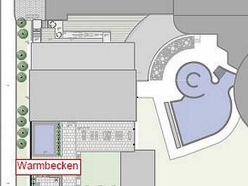 Zwischen dem Außenbecken mit Whirlpool (rechts oben im Bild) und dem Kneippweg (links am Bildrand) entsteht die neue Saunalandschaf des Aquaria.  Plan: SÜC