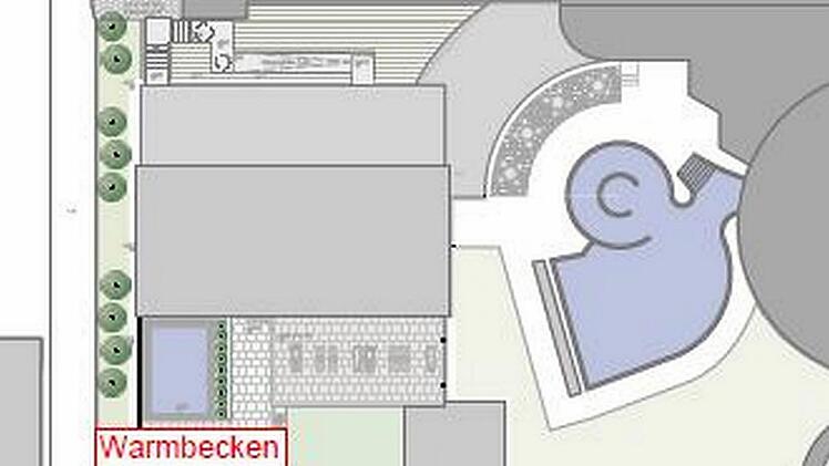 Zwischen dem Außenbecken mit Whirlpool (rechts oben im Bild) und dem Kneippweg (links am Bildrand) entsteht die neue Saunalandschaf des Aquaria.  Plan: SÜC