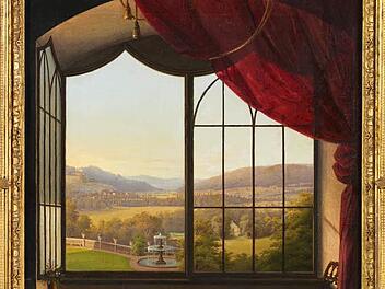 Ferdinand Zschäck: "Blick aus Schloss Rosenau" von 1843. Das vom Künstler signierte und datierte Ölgemälde wurde restauriert und gestern als Dauerleihgabe in Schloss Rosenau enthüllt.  Foto: Schlösserverwaltung