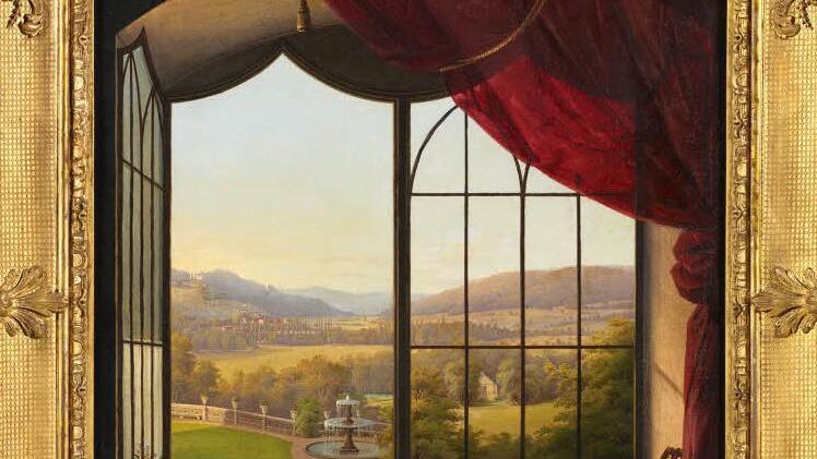 Ferdinand Zschäck: "Blick aus Schloss Rosenau" von 1843. Das vom Künstler signierte und datierte Ölgemälde wurde restauriert und gestern als Dauerleihgabe in Schloss Rosenau enthüllt.  Foto: Schlösserverwaltung