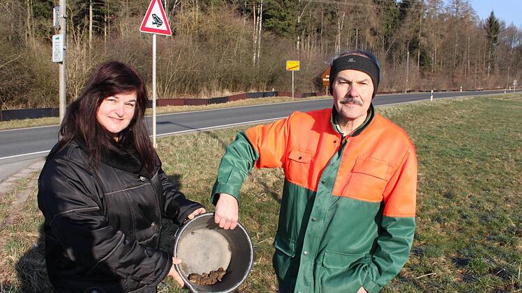Nur eine geringe Anzahl an Erdkröten befindet sich an diesem kalten Märzmorgen im Eimer am Schutzzaun in Neuensee. Siegmar Beier und seine Frau Gabriele bringen sie direkt zum Weiher.