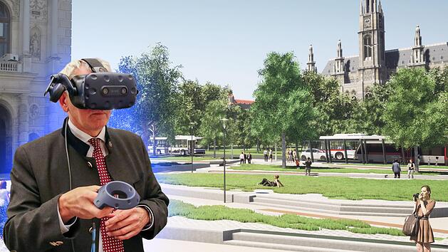 Mit Hilfe von Digitalbrillen konnten Besucher in virtuelle Visionen zum autonomen Verkehr ohne Parkpl&auml;tze eintauchen - hier Landrat Johann Kalb. Foto: Sebastian Schanz&nbsp;Visualisierung:Wideshot