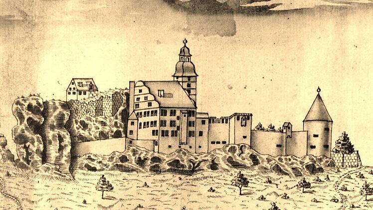 Ansicht der Streitburg im 18.Jahrhundert, das Renaissance-"Schloss" samt Uhrturm im Mittelpunkt. Repro: hgb