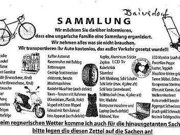So oder so ähnlich sehen die Handzettel aus, mit denen eine "ungarische Familie" dazu auffordert, Altwaren zur Verfügung zu stellen. Unser Beispiel stammt aus dem Raum Forchheim.Foto: Archiv