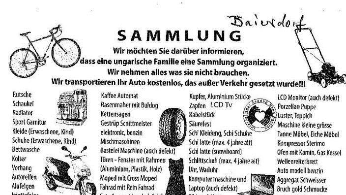 So oder so &auml;hnlich sehen die Handzettel aus, mit denen eine "ungarische Familie" dazu auffordert, Altwaren zur Verf&uuml;gung zu stellen. Unser Beispiel stammt aus dem Raum Forchheim.Foto: Archiv