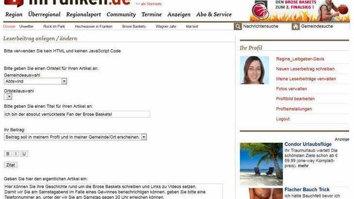 Geben Sie links den Ortsteil Bamberg an, überlegen Sie sich einen passenden Titel für Ihren Artikel und schreiben Sie Ihren Text in das entsprechende Feld.