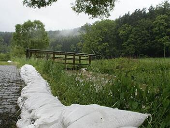 Hochwasser ist in Oberaurach ein Thema: Vor einigen Wochen waren die Feuerwehren gefordert, vor allem im Raum Tretzendorf. Hier drohte Gefahr an den Weihern, an denen der Damm zu brechen drohte. Unser Archivbid zeigt die mit Sandsäcken gesicherte Aurach. Foto: sw