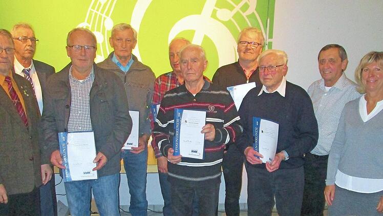 Vorsitzender Engelbert Roith und Stellvertreter Georg Väth (von links) sowie Vize-Bürgermeisterin Rita Schaupp (rechts) verliehen die Treuenadel an (von links) Werner Halbritter, Erwin Bock, Artur Wüscher, Werner Kümmert, Peter Uebel (in Vertretung), Josef Kippes und Bernhard Rosenheimer. Roith wurde ebenfalls geehrt: Für herausragende Verdienste und 20 Jahre Mitgliedschaft im VdK.  Foto: Winfried Ehling