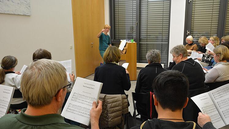 Eifrig proben die Sängerinnen und Sänger des Liederkranzes Bad Bocklet proben unter der Leitung von Martina Faber für das Weihnachtskonzert. Foto: Björn Hein