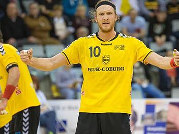 "Jungs ihr könnt kommen, wir sind bereit..." - ob Coburgs Rückraum-Kanonier "Matze" Gerlich heute Abend tatsächlich so viel Grund zum Jubeln hat, wird sich zeigen. Zu Gast in der HUK-Coburg Arena ist mit dem deutschen Meister THW Kiel eine der besten Handball-Mannschaften Europas. Foto: Albert Höchstädter