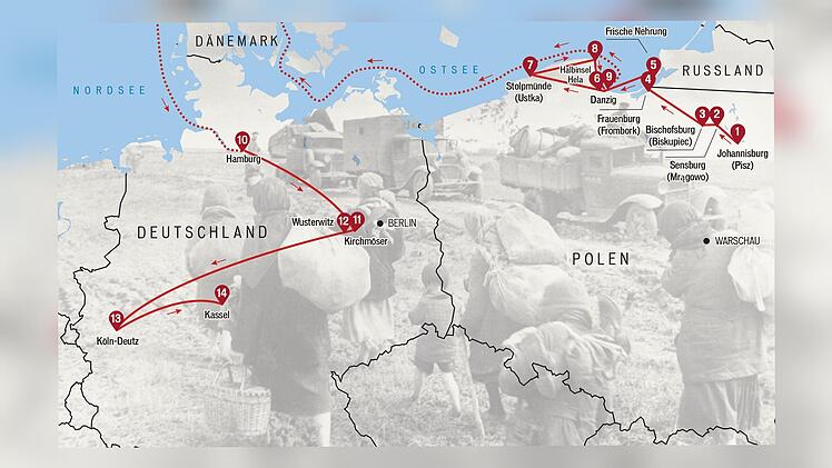 Die Route, die Charlotte Kleemann auf der Flucht aus Ostpreußen zurücklegte.