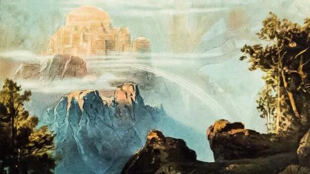 Max Brückner, Entwurf Siegfried, 3. Akt, 4. Szene, Wilde Gegen am Fuse eines Felsenberges, Farbdruck um 1905Foto: Jochen Berger