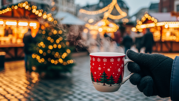 Glühweintasse auf einem Weihnachtsmarkt