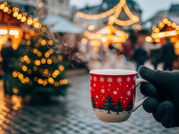 Glühweintasse auf einem Weihnachtsmarkt