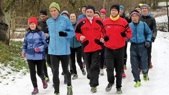 Hubert Karl (vorne, Zweiter von links, blaue Jacke) feierte seinen 60. Geburstag mit einem 60-Kilometer-Lauf, rechts der Japaner Osuma Joshikoshi.  Foto: G&uuml;nther Geiling