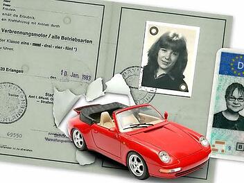 Die alten Fahrlizenzen haben bald ausgedient: Dann wird es nur noch den befristeten EU-Führerschein geben. Ziel der neuen Regelung ist es, dass solche alten Bilder wie auf dem grauen Führerschein, nicht mehr vorkommen. Fotomontage: Beetz