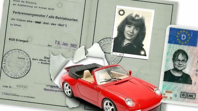 Die alten Fahrlizenzen haben bald ausgedient: Dann wird es nur noch den befristeten EU-Führerschein geben. Ziel der neuen Regelung ist es, dass solche alten Bilder wie auf dem grauen Führerschein, nicht mehr vorkommen. Fotomontage: Beetz