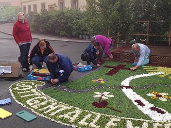 2012 wurde an Fronleichnam in Stadtsteinach ein Blumenteppich zum Thema "Gott geht alle Wege mit" gestaltet - mit einem Blumen- und einem steinigen Weg. Heuer stellt der Teppich eine Blume dar. Fotos: Sonja Adam