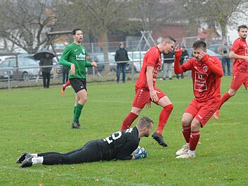 Mal wieder zugepackt hat DJK-Keeper Nikolas Herold. Entsprechend groß ist der Frust bei den Fuchsstädtern (von links) Nico Neder und Markus Mjalov. Foto: ssp