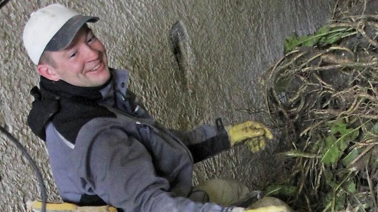 Andreas Schmidt sitzt vor dem mannshohen Wurzelhaufen und trennt die dicken von den dünnen Stangen.