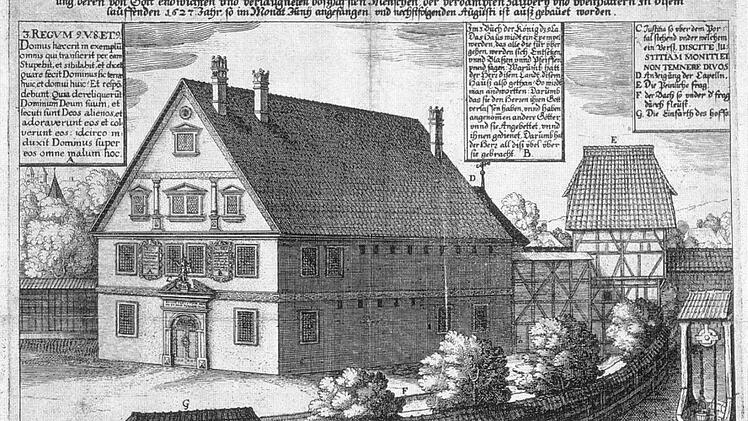Ansicht und Grundriss des Drudenhauses (Radierung von 1627, wahrscheinlich von Peter Isselburg)