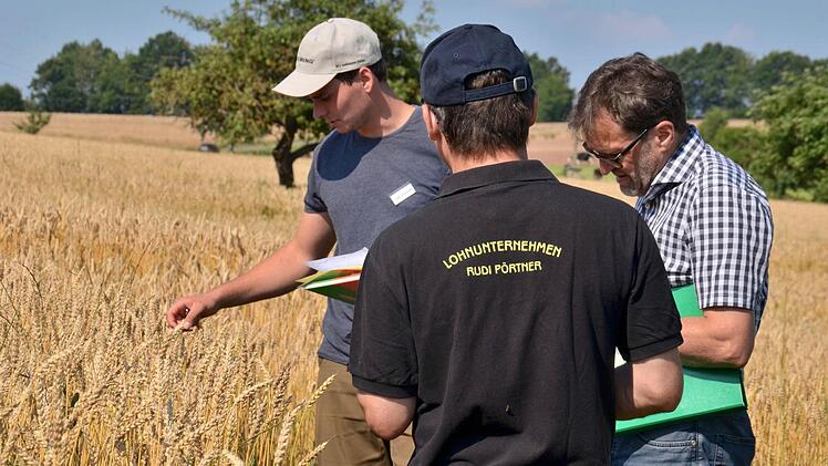 Dominik Lieb hat eine Prüfungsaufgabe zur Pflanzenkunde zu bewältigen. Unter anderem muss er den Ertrag dieses Weizenfeldes errechnen und bewerten. Hier erklärt er seine Ergebnisse seinen Prüfer Herbert Lang, Leiter des AELF Schweinfurt (rechts) und Stefan Büttner, Landwirt aus Oberwaldbehrungen. Foto: Kathrin Kupka-Hahn
