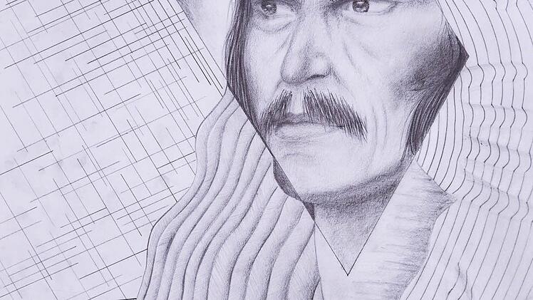 Den dritten Preis erhielt Laura Zillibiller (10c) für diese Bleistift-Zeichnung mit dem Titel "Ein Funke Wahrheit". Es zeigt das Gesicht Rückerts als realistischen Kern in einem surrealistischen Umfeld. Foto: Rudolf Hein